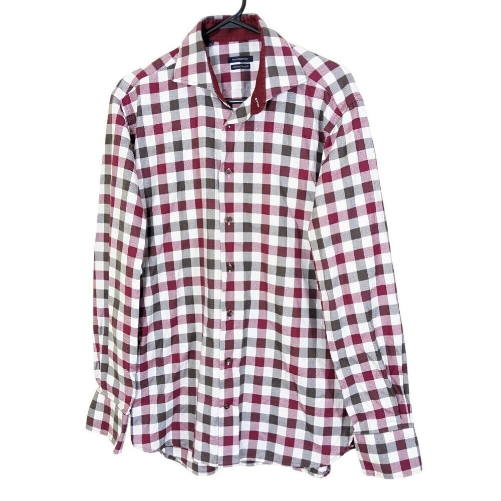 Suitsupply Mens Button Down Shirt 40 Red White Plaid Checked Long Sleeve Cotton